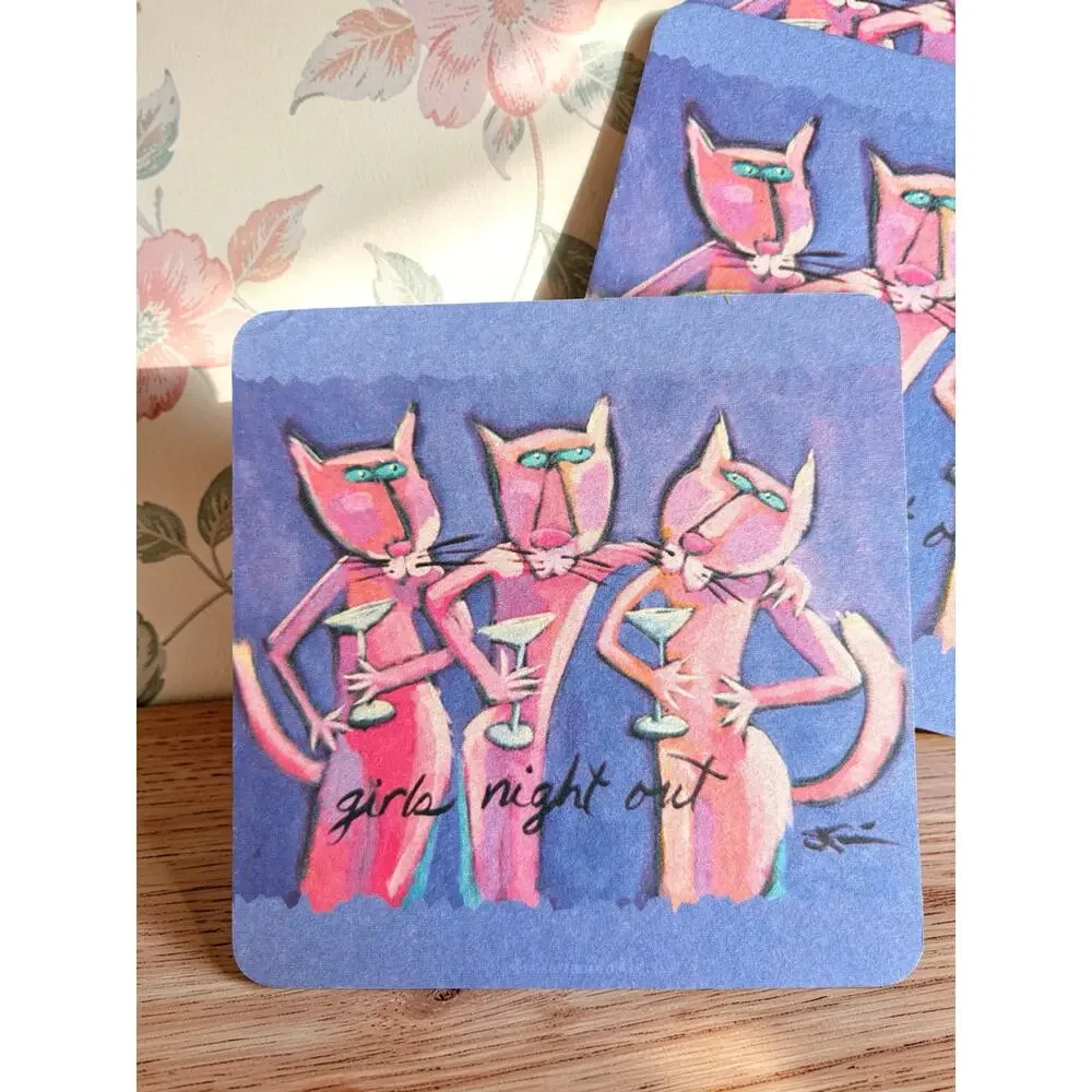 PaperKraft Girls Night Out Cat Coasters Set of 8 Pink Cats Cocktail Bar Decor